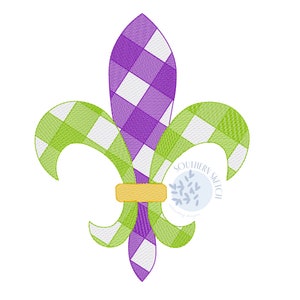 May include: A purple, green, and white checkered fleur-de-lis design. The design is outlined in black and has a yellow band around the center.