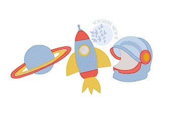 Outer Space Astronaut Trio Rocket Ship Saturn Planet Helmet Boy Girl Sketch Light Fill Machine Embroidery Design Pattern 4x4, 6", 5x7, 6x10