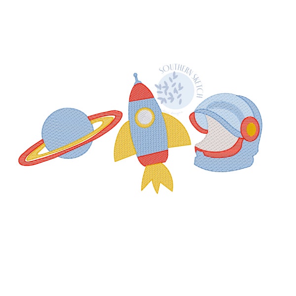 Outer Space Astronaut Trio Rocket Ship Saturn Planet Helmet Boy Girl Sketch Light Fill Machine Embroidery Design Pattern 4x4, 6", 5x7, 6x10