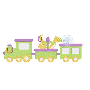 May include: A green toy train with a purple roof and yellow wheels. The train has a flatbed car with a gold fleur-de-lis, purple beads, and a gold trumpet. The train is decorated with the text "Southern Stitch".