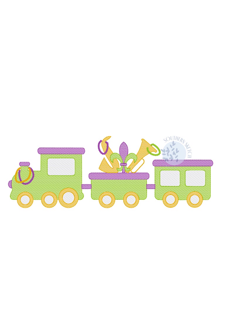 May include: A green toy train with a purple roof and yellow wheels. The train has a flatbed car with a gold fleur-de-lis, purple beads, and a gold trumpet. The train is decorated with the text "Southern Stitch".