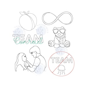 May include: Line art illustrations of a peach, infinity symbol, bear wearing sunglasses and a scarf, a couple, and a circle with a line through the word "TEAM" and a jellyfish. The word "TEAM" is also written in a separate illustration.