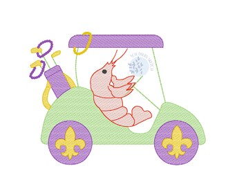 Mardi Gras Crawfish Golf Cart Sketch Light Fill Machine Embroidery Design Fleur De Lis Beads Digital Pattern Download 5.5", 5x7, 6x10