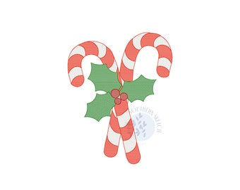 Christmas Holly Leaves Candy Canes Holiday Machine Embroidery Design Sketch Light Fill Instant Digital Download 4x4, 5", 5x7, 6x10