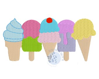 May include: Five different ice cream treats in a row. From left to right: a blue and white swirl ice cream cone, a green and pink popsicle, a blue and pink ice cream cone with a red cherry on top, a purple popsicle with a drip, and a yellow ice cream cone.