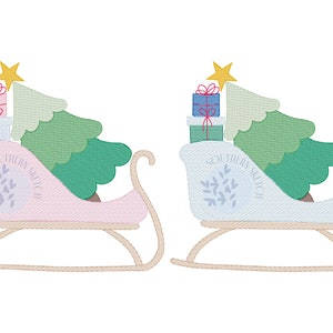 Kerstboom Slee Presenteert Schets Licht Vul Santa&#39;s Slee Winter Machine Borduurwerk Ontwerp Instant Digitale Download 4x4, 5x7, 6x10
