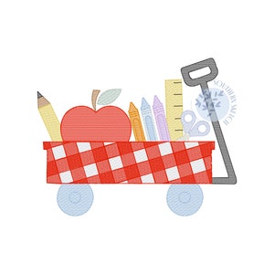 Back to School Gingham Wagon Apple, Pencil, Crayons, Ruler, Scissors Fall Machine Embroidery Design Sketch Fill Light Fill Instant Download