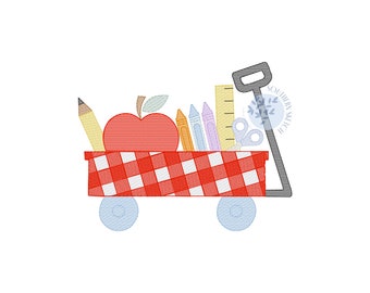 Back to School Gingham Wagon Apple, Pencil, Crayons, Ruler, Scissors Fall Machine Embroidery Design Sketch Fill Light Fill Instant Download
