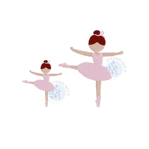 May include: Two embroidered images of ballerinas in pink tutus with brown hair and a bun. The larger ballerina is in a pose with one leg extended and the other leg bent. The smaller ballerina is in a similar pose but is smaller in size. Both ballerinas have a pink flower on their hair.