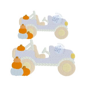 May include: Two embroidered designs of a light blue jeep with a pumpkin on the hood and pumpkins in front of the jeep. The pumpkins are orange and the jeep has a light blue interior.