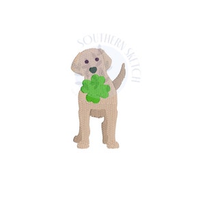 Mini Fill Stitch Shamrock Dog St. Patrick's Day Lab Puppy holding a Clover Machine Embroidery Design 1.75", 2.5"