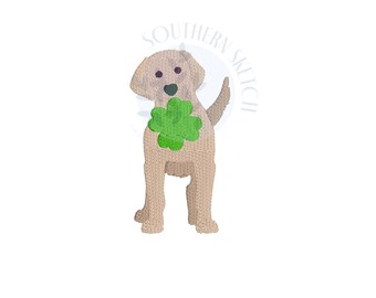 Mini Fill Stitch Shamrock Dog St. Patrick's Day Lab Puppy holding a Clover Machine Embroidery Design 1.75", 2.5"