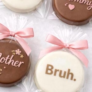 Mother’s Day Chocolate Covered Oreos, Ghirardelli Double Stuff Oreos, Bruh, Mama, Mom funny Mother’s Day cookies for mom from kids.