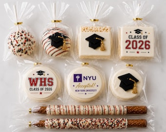 Graduation Party Pack, Class of 2026 Desserts, Graduation Treat Box, Chocolate Covered Oreos, Cake Pops, Rice Krispy Pops, Pretzel rods