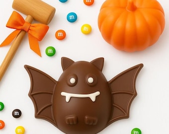 Chocolate Breakable Halloween Bat AND Pumpkin - Filled w/ candy. Break open w/ wooden mallet. M&M filled treat gift