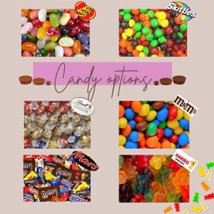 May include: A collage of different candy options, including Skittles, M&Ms, Jelly Belly, Lindt Lindor, Mars, and Haribo gummy bears. The image is labeled "Candy options."