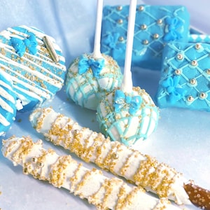 Assorted custom sweets party pack | Ghirardelli chocolate covered Oreos, pretzel rods, cake pops, & rice crispy pops | Treat Table items