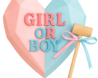 Gender Reveal Breakable Chocolate Heart – Pink & Blue Smash Heart with Hammer – Hidden Candy and Custom Message – Party Favor