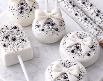 Black and White custom sweets party pack | Ghirardelli chocolate covered Oreos, pretzel rods, cake pops, & Rice Krispy pops | Treat Table |