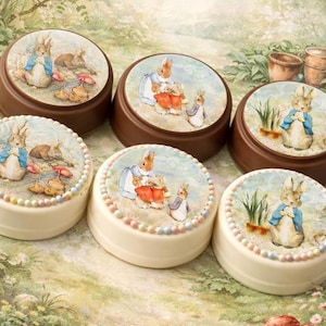 May include: Six chocolate and vanilla cookies with illustrations of Peter Rabbit and other characters. The cookies are round, with a white or brown base and a detailed edible image on top. The cookies are decorated with pastel-colored sprinkles.