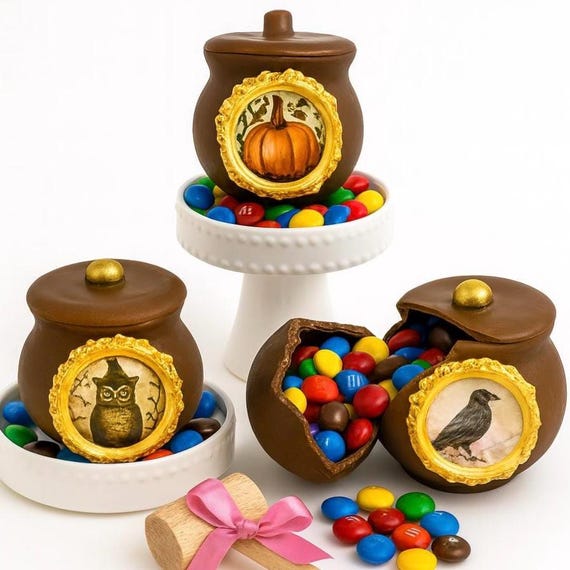 Breakable Chocolate Halloween Cauldrons filled w/ candy (Set of 3). Comes w/ 3 wooden mallets.  TikTok & Instagram trending!  BESTSELLER