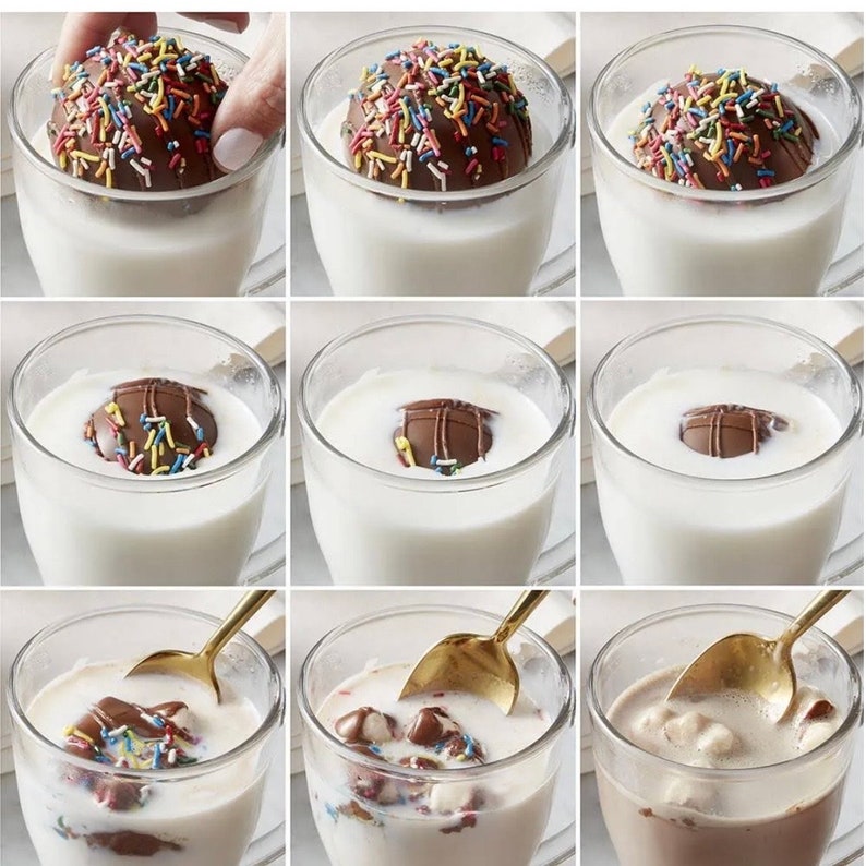 May include: A step-by-step process of making hot chocolate with a chocolate sphere covered in colorful sprinkles. The sphere is dropped into a glass of milk and melts, creating a rich, chocolatey drink.
