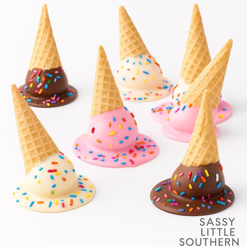 Puede incluir: Seis decoraciones caprichosas de conos de helado con helado derretido en chocolate, vainilla y rosa, cubiertos con chispas de colores. Los conos est&aacute;n hechos de un material similar a un gofre. El texto "SASSY LITTLE SOUTHERN" est&aacute; en la esquina inferior derecha.