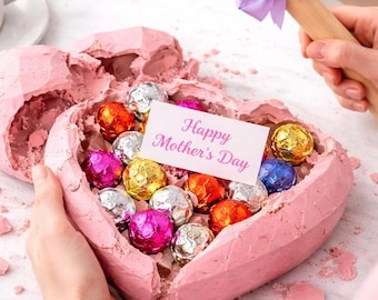 Corazón de chocolate Ghirardelli gourmet para el Día de la Madre, ¡enorme (6x6) y relleno de trufas Lindor! ¡Ábrelo con un mazo de madera!