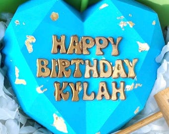 Birthday Breakable Chocolate Heart ~ HUGE 6x6 gourmet Ghirardelli heart stuffed with candy of your choice. W/ hammer and custom note inside.