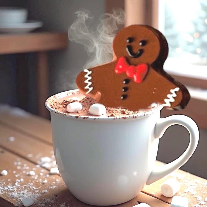 May include: A white mug filled with hot chocolate topped with marshmallows and a gingerbread man cookie. The gingerbread man is partially submerged in the hot chocolate and steam is rising from the mug.