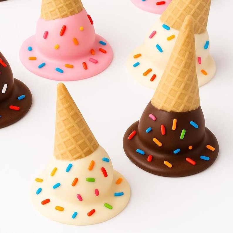 Puede incluir: Una colecci&oacute;n de objetos caprichosos con forma de cono de helado. Los conos est&aacute;n cubiertos con una variedad de colores, incluyendo rosa, blanco y marr&oacute;n chocolate. Cada cono est&aacute; decorado con chispas de colores. Los conos est&aacute;n dispuestos sobre una superficie blanca.