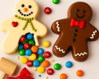 Breakable Chocolate Gingerbread Men (Set of 2) M&M Filled Smash Treat, Stocking Stuffer, Christmas Gift, Class Party, Friends Gift.