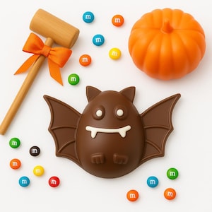 Chocolate Breakable Halloween Bat AND Pumpkin - Filled w/ candy. Break open w/ wooden mallet. M&M filled treat gift
