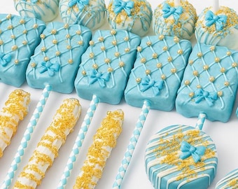 Paquete de fiesta de dulces personalizados surtidos / Oreos cubiertas de chocolate Ghirardelli, palitos de pretzel, cake pops y paletas de arroz crujiente / Artículos para la mesa de golosinas