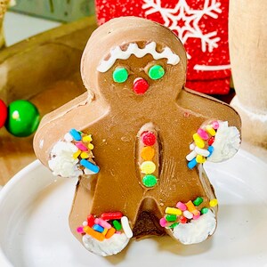 May include: A chocolate gingerbread man with white icing and colorful sprinkles. The gingerbread man is decorated with white icing and colorful sprinkles.