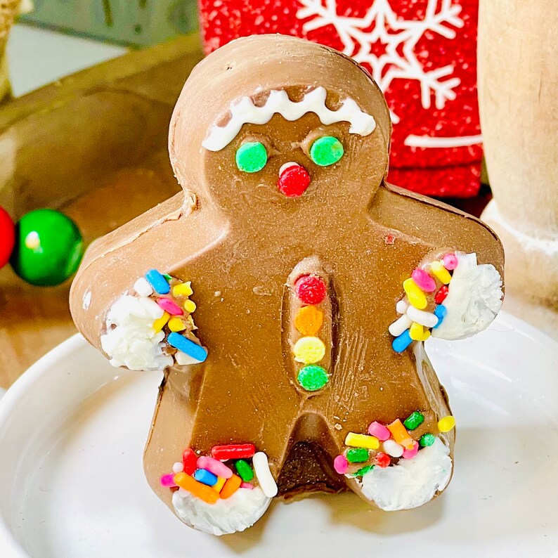 May include: A chocolate gingerbread man with white icing and colorful sprinkles. The gingerbread man is decorated with white icing and colorful sprinkles.