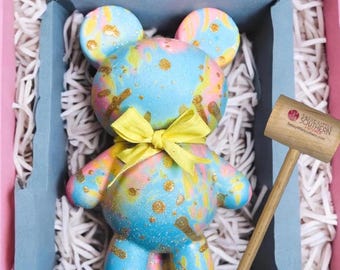 Gender Reveal Breakable Chocolate Teddy Bear | HUGE 7x4 gourmet Ghirardelli w/candy colors of your choice inside | Perfect baby announcement