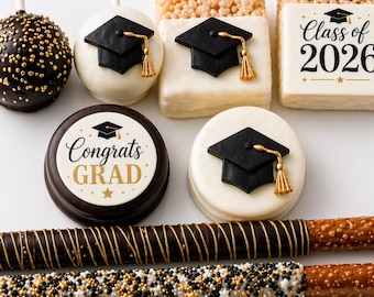 Graduation Party Pack, Class of 2026 Desserts, Graduation Treat Box, Chocolate Covered Oreos, Cake Pops, Rice Krispy Pops, Pretzel rods