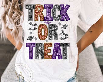 Glitter Trick or Treat png, Glitter spooky season png faux embroidery, faux sequins, faux glitter png, Bling Halloween png Glitter Halloween