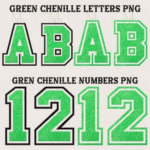 Grönt Faux Chenille-märke Alpha Pack, PNG-filer för sublimering eller utskrift, atletiska alfabetets bokstäver och siffror, digitala filer
