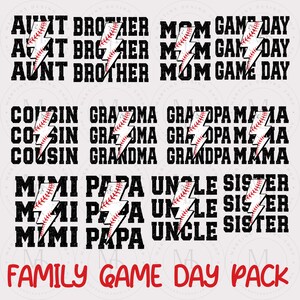Könnte beinhalten: Ein Set mit 10 Baseball-SVG-Schnittdateien für den Familienspieltag. Die Designs zeigen die Wörter "Tante", "Bruder", "Mutter", "Cousin", "Oma", "Opa", "Mama", "Mimi", "Papa", "Onkel" und "Schwester" mit einer Baseball- und Blitzgrafik. Der Text "Family Game Day Pack" befindet sich am unteren Rand des Designs.