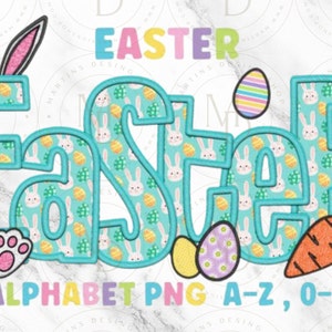 May include: Easter alphabet letters in turquoise with a bunny and egg pattern. The letters are outlined in white and have a 3D effect. The word "Easter" is written in pink, yellow, and purple letters above the alphabet letters. The letters are accompanied by a bunny ear headband, a carrot, and Easter eggs.