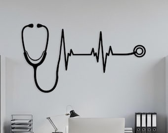 Arte de parede em metal com estetoscópio e batimentos cardíacos, decoração para consultório médico ou de enfermagem, placa médica com batimentos cardíacos, arte de parede para hospital, presente para profissionais de saúde.
