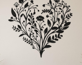 Heart Shaped Floral Metal Wall Art, Botanical Wall Decor for Living Room Bedroom Hallway, Romantic Nature Gift for Her