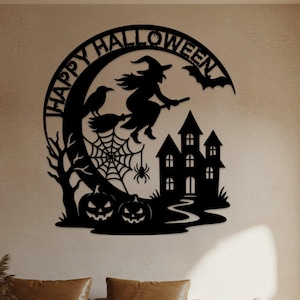 Custom Halloween Metal Wall Art, Haunted House Decor, Personalized Flying Witch Sign, Halloween Spider Art, Spooky Home Sign, Halloween Gift