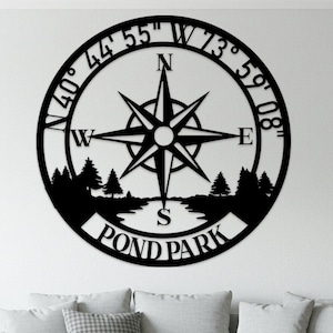 Custom Name Compass Sign, Coordinates Metal Sign, Personalized Text Metal Wall Art, Outdoor Lake House Decor, Nautical Direction Marker Gift
