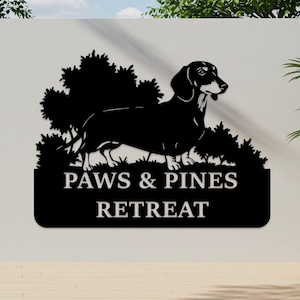 Custom Dachshund Dog Wall Metal Sign, Personalized Outdoor Dog Cabin Wall Decor with Trees, Unique Wall Art Gift for Pet Friendly Homes