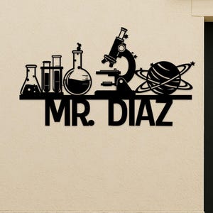 Science Teacher Metal Wall Art, Custom Name Lab Wall Decor with Microscope Planets Beakers, Decor for STEM Classroom, Home Office Gift
