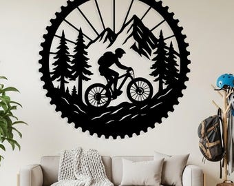 Metallväggkonst för mountainbiker, skylt för skogslandskap, dekoration för utomhuscykeldäck, väggkonst för rustik stuga, metalldekor för garage, present till cyklist