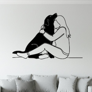 Woman Hugging Dog Metal Wall Art, Dog Silhouette Sign, Modern Pet Lover Decor for Living Room Bedroom Hallway, Minimalist Gift for Dog Moms